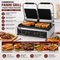 Commercial R&M Panini Grill press machine shown open with two sandwiches cooking on the plates, alongside food examples and feature callouts on a white background.