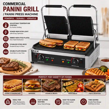 Commercial R&M Panini Grill press machine shown open with two sandwiches cooking on the plates, alongside food examples and feature callouts on a white background.
