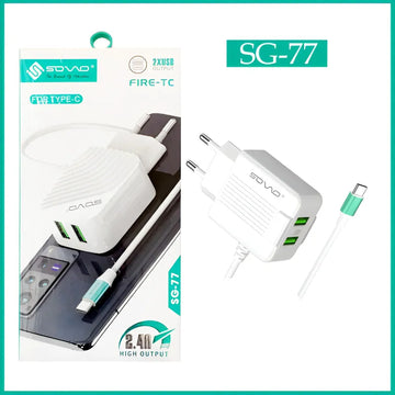 SOVO SG77 FIRE TC 2.4A Fast Charger with Built In Type C Cable Dual USB Output Smart IC Safety Protection