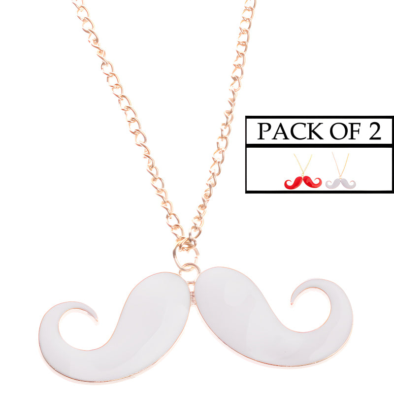 Chic Charm Set of 2 Mustache Pendants with Delicate Golden Chains Whimsical Red and White Jewelry for Men and Women