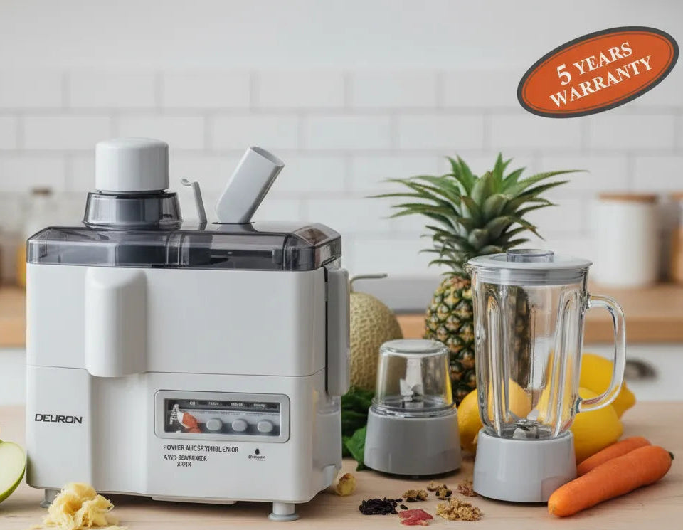 The Deuron GL 401 Juicer with Blender and Grinder is a practical and versatile three in one kitchen appliance designed for everyday food and beverage preparation. This electric citrus fruit juicer allows you to extract fresh juice, blend ingredients, and grind spices using a single compact machine, making it ideal for small and medium kitchens.

With a 1 litre capacity and a powerful 550 watt motor, the Deuron GL 401 delivers efficient performance for juicing fruits and vegetables, blending smoothies, and g