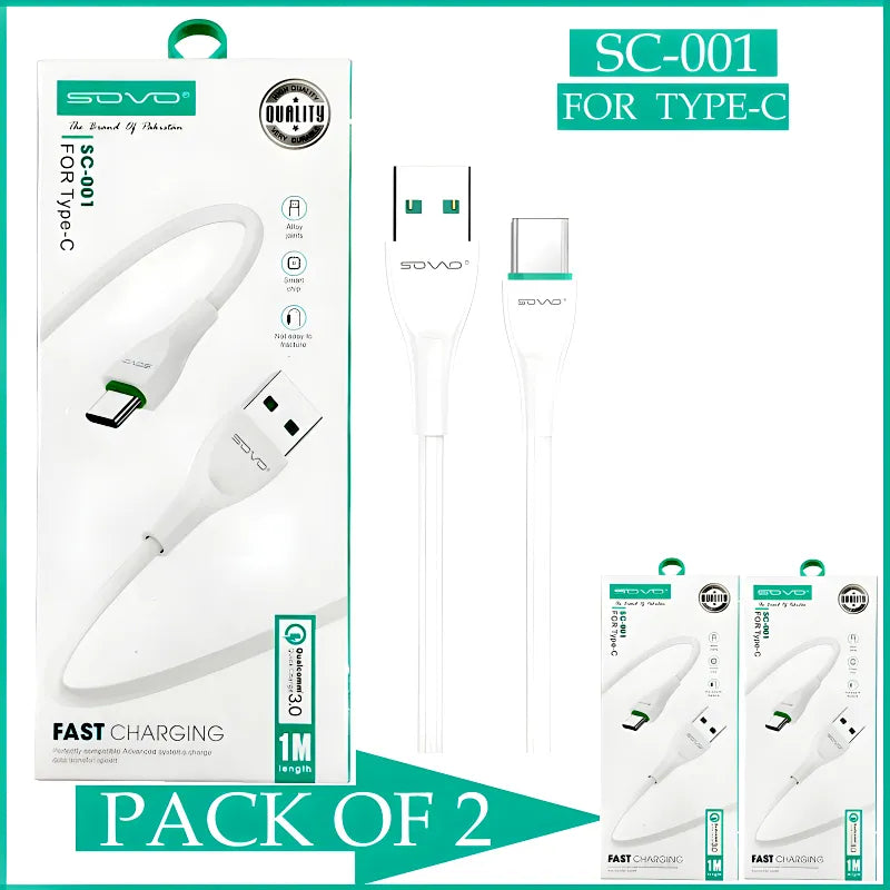 Pack of 2 SOVO SC-001 3.4A Fast Charging Cables (Micro USB OR Type-C – Random Color)