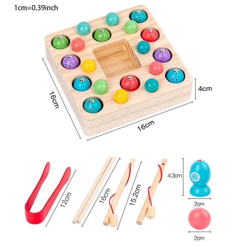 Montessori Fishing Game Toddler Busy Board with Magnetic Rods Color Balls and Chopsticks