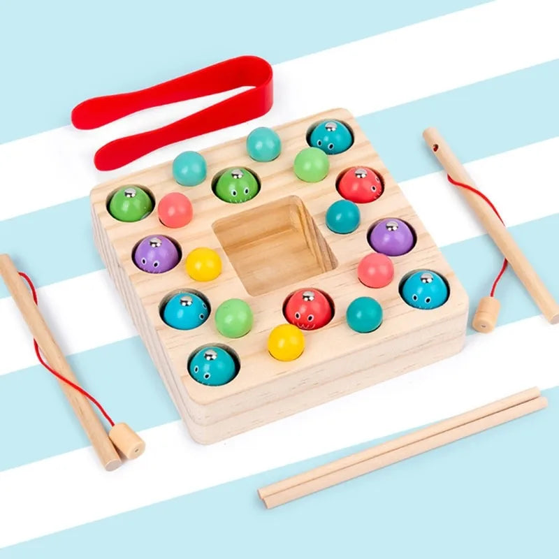 Montessori Fishing Game Toddler Busy Board with Magnetic Rods Color Balls and Chopsticks