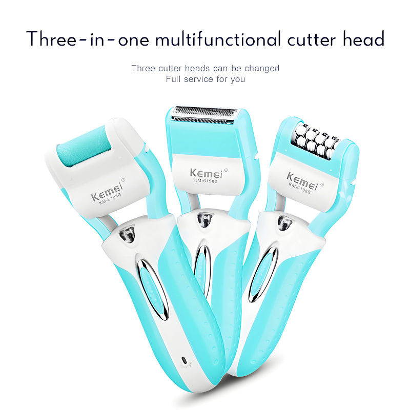 Kemei KM 6198B 3 In 1 Multifunctional Electric Shaver Callus Remover and Epilator for Women Cordless Rechargeable Beauty Kit for Smooth Skin