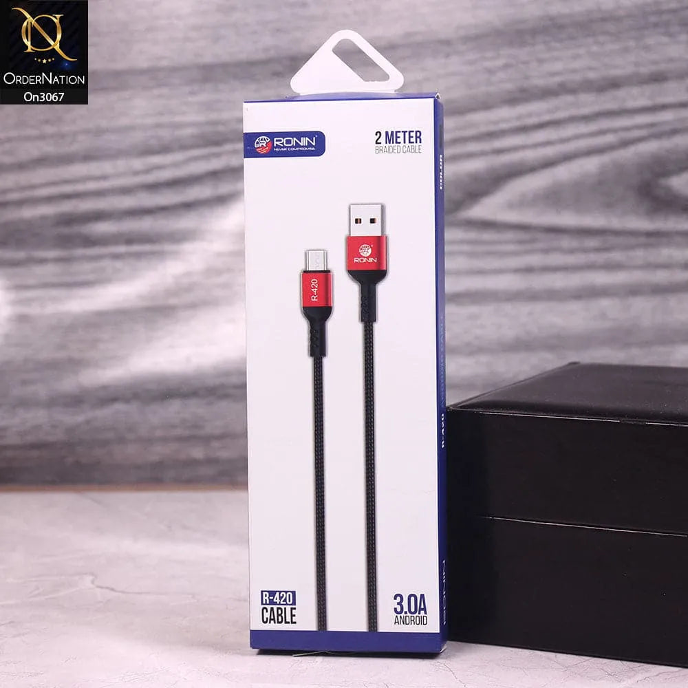 RONIN R-420 USB Type C Data Cable 2 Meter Metallic Braided Fast Charging 2.4A 480Mbps Red Android Smartphone Tablet