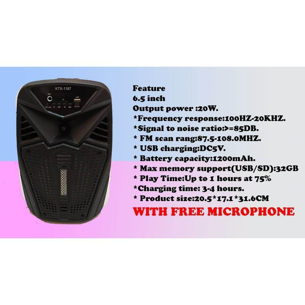 KTX-1187 6.5 Inch Karaoke Portable Bluetooth Led Speaker USB-TF-FM With Microphone - Al-Raheem Imports