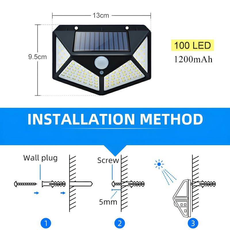 100 LEDs Rechargeable Motion Sensor Solar Interaction Waterproof Wall Lamp - Al-Raheem Imports