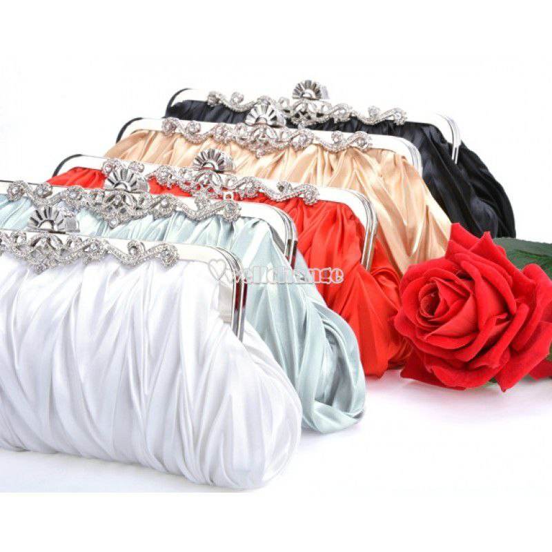 Fashionable and Vintage Ruched Satin Clutch Hand Bag with Silver Floral Clasp - Al-Raheem Imports