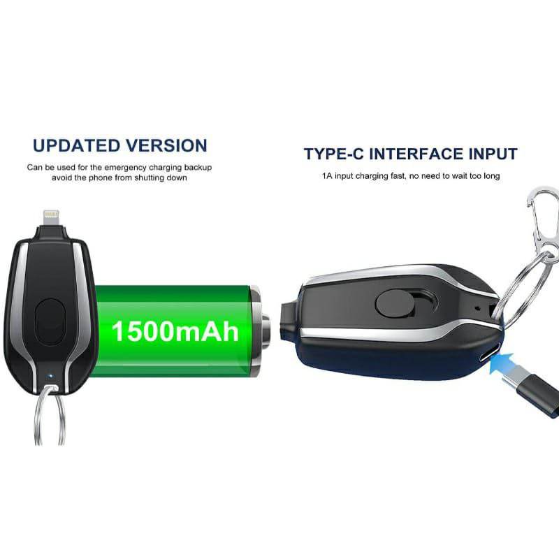 Ultra compact 1500mAh keychain emergency charger with type c fast charging backup power bank for android and lightning - Al-Raheem Imports
