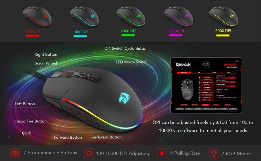 Redragon M719 INVADER Wired Optical Gaming Mouse 7 Programmable Buttons RGB PC Gaming Mice - Al-Raheem Imports