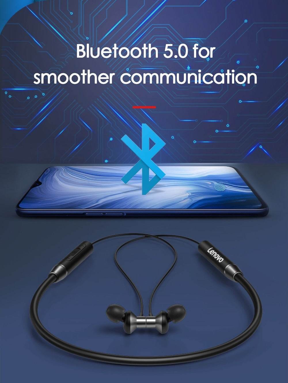 Lenovo HE05 Bluetooth 5.0 Neckband Wireless Stereo Sports Magnetic Headphones IPX5 Waterproof - Al-Raheem Imports