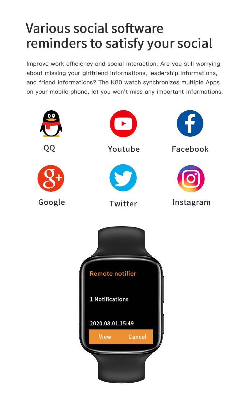 K80 Smartwatch Touchscreen Bluetooth Call Music Control Heart Rate Blood Oxygen Monitoring Watch - Al-Raheem Imports