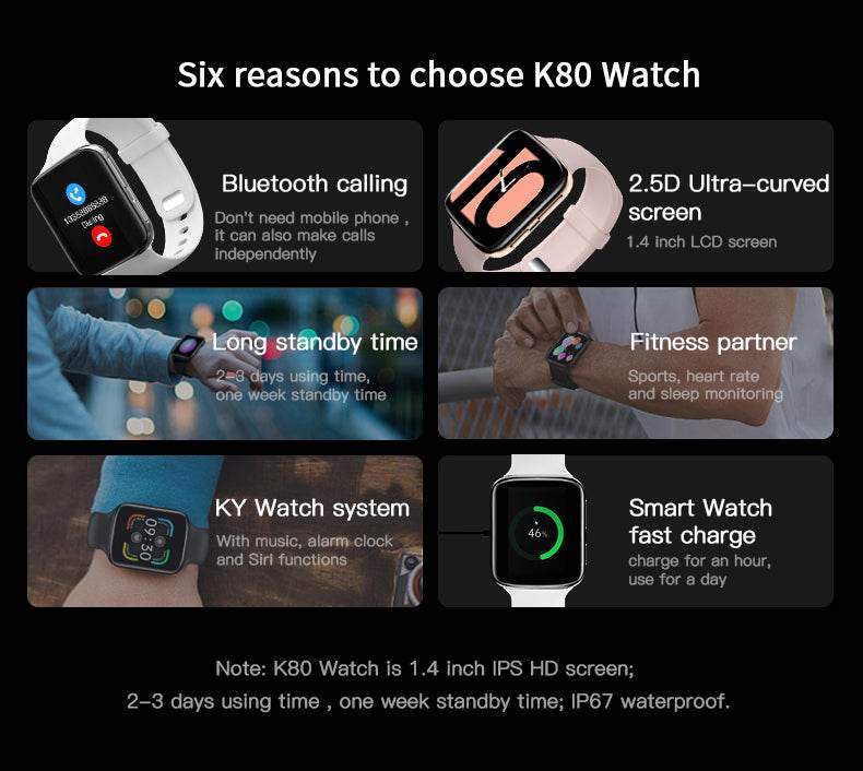 K80 Smartwatch Touchscreen Bluetooth Call Music Control Heart Rate Blood Oxygen Monitoring Watch - Al-Raheem Imports