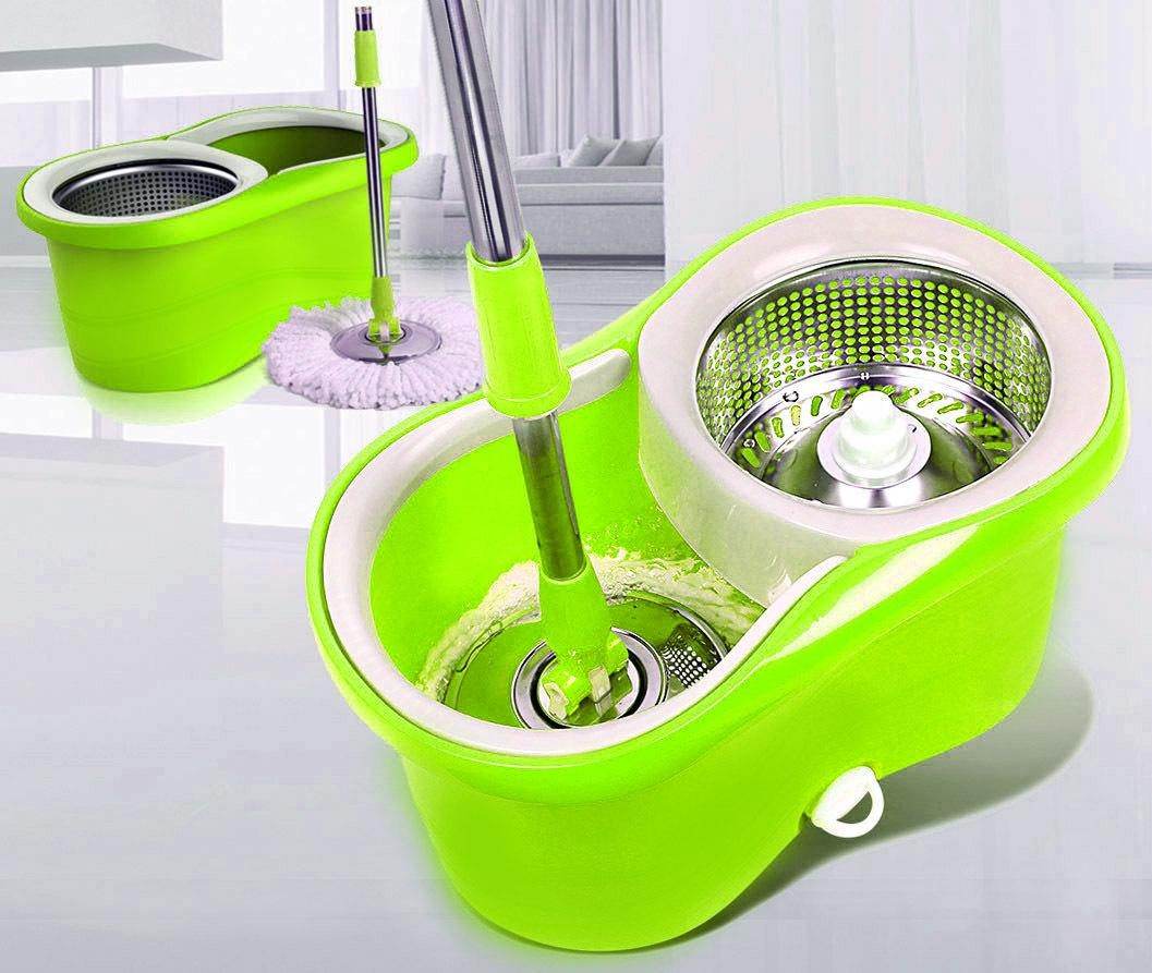 360 Spin Mop Bucket Set Double Drive Stainless Steel Hand Pressure Rotation with 2 Mop Heads - Al-Raheem Imports
