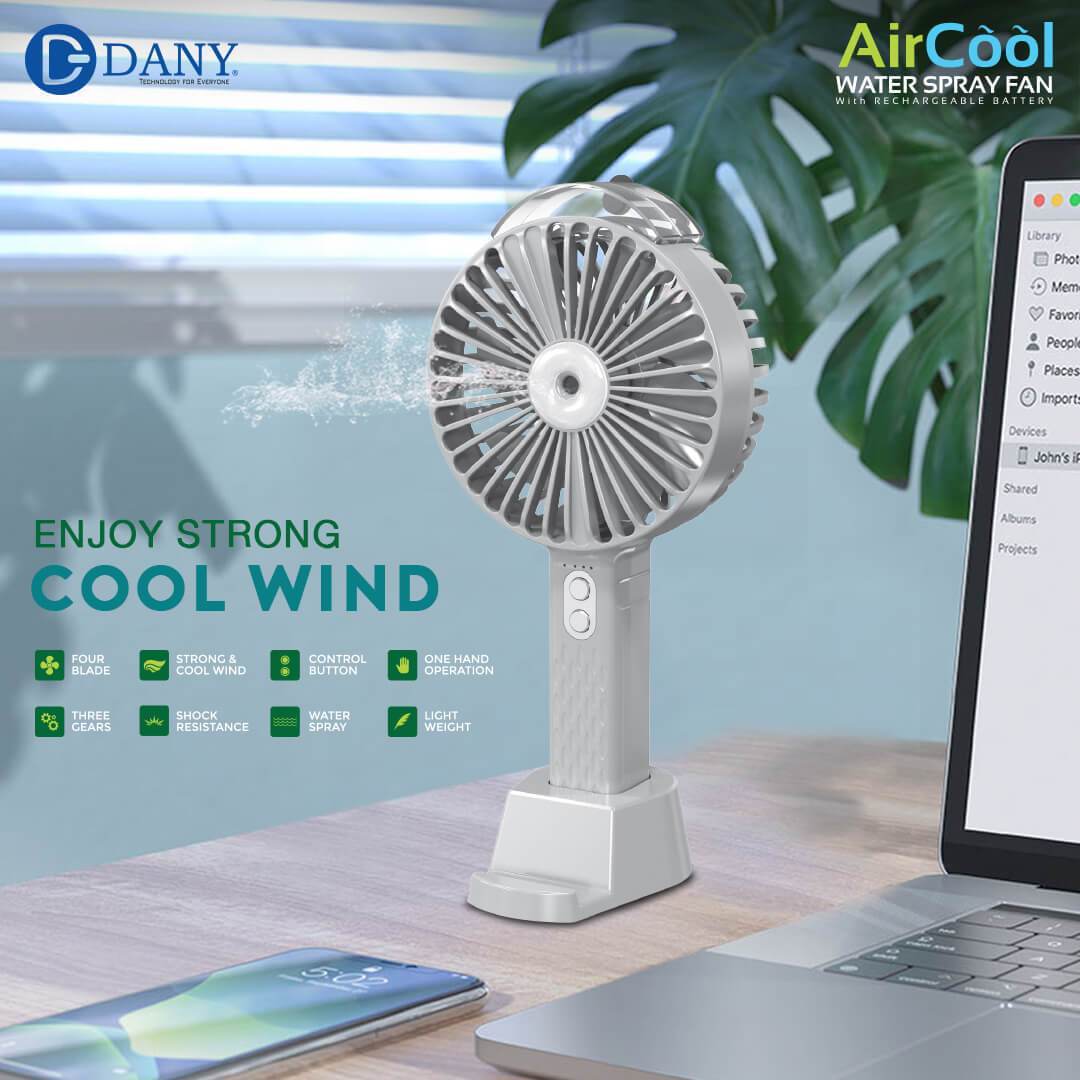 AirCool Water Spray Portable Rechargeable Fan with Removable Base 3 Speed Settings - Al-Raheem Imports