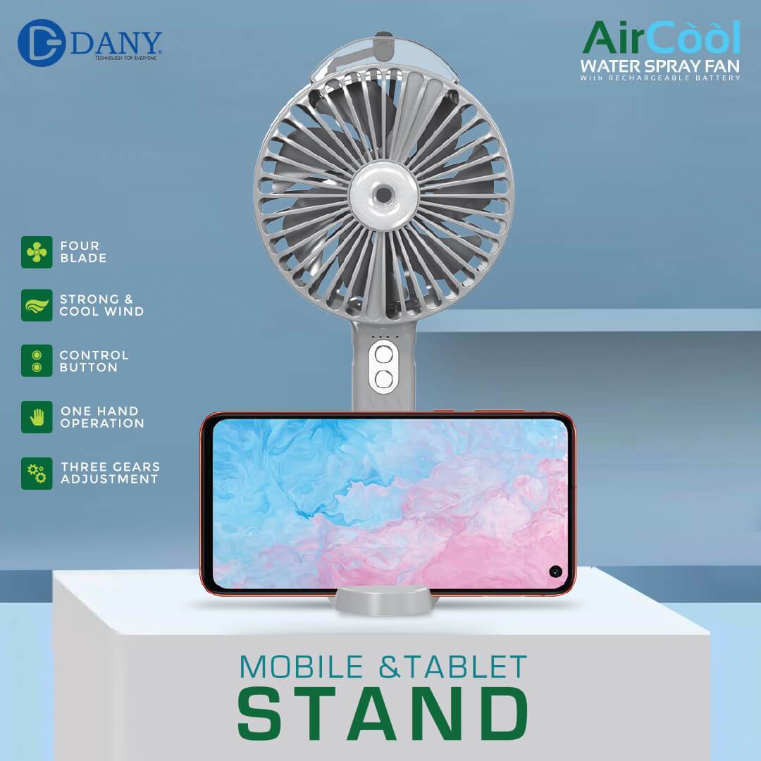 AirCool Water Spray Portable Rechargeable Fan with Removable Base 3 Speed Settings - Al-Raheem Imports