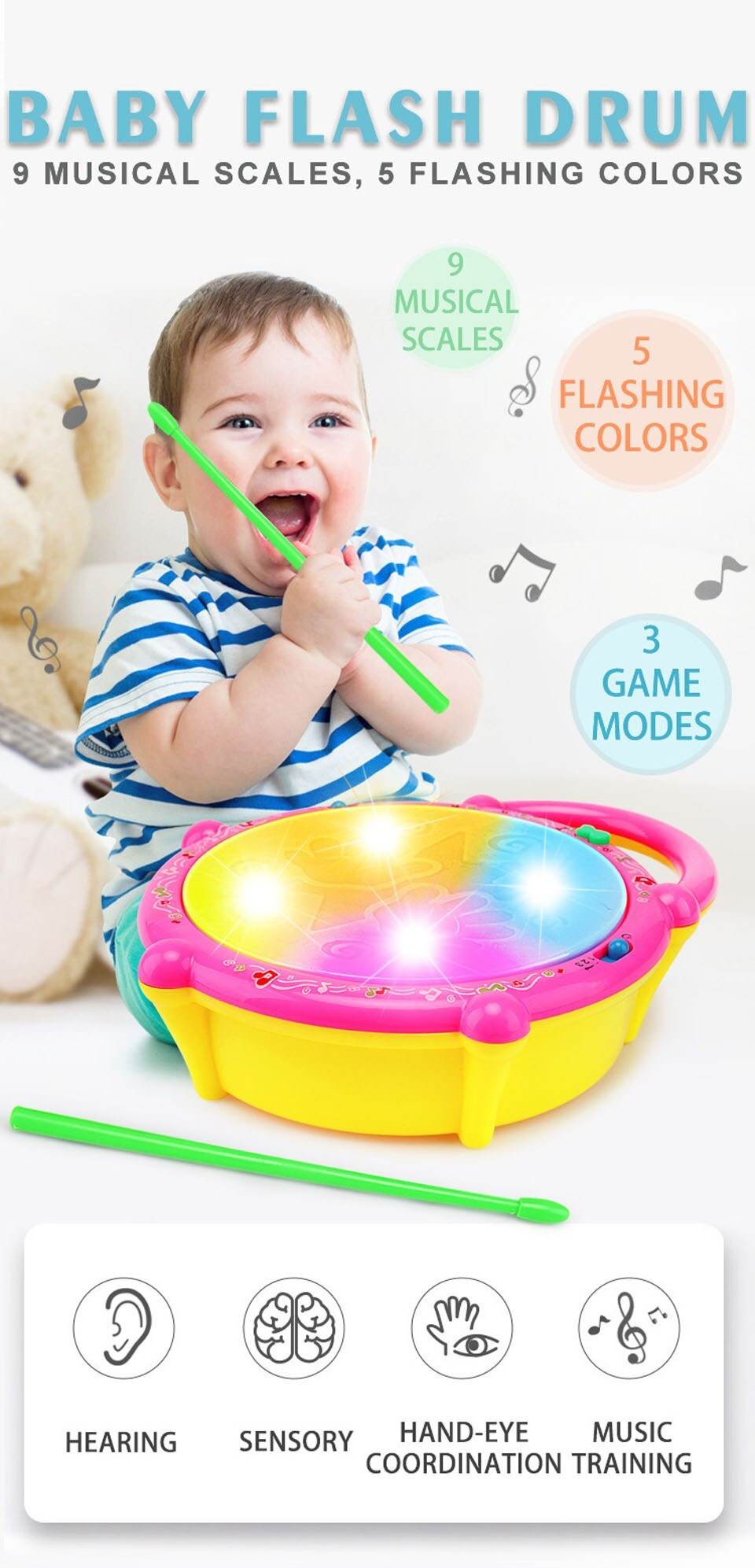 Mini Flash Drum Music Instrument Rattle Kids Education Toy with Lights Sound 3+ Years - Al-Raheem Imports