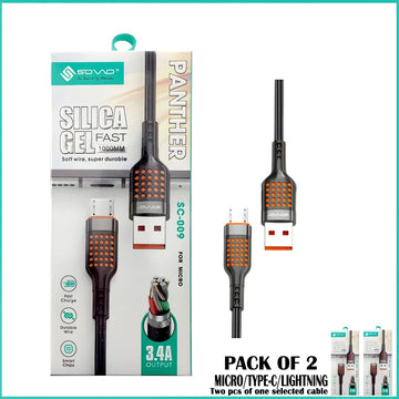 SOVO SC-009 Panther Pack of 2 High-Quality 3-in-1 Charging Cables Micro USB Type-C Lightning