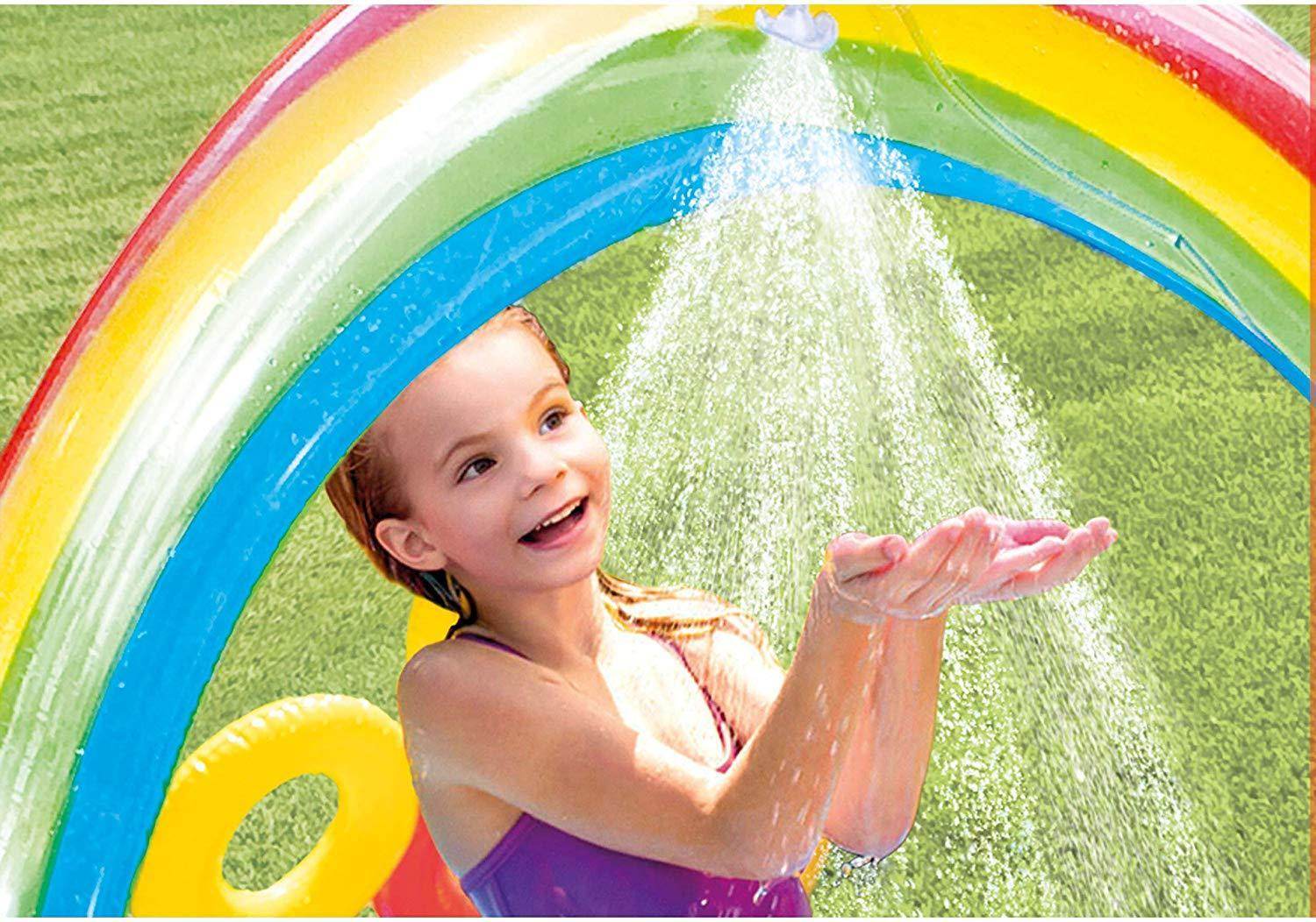 Intex 57453 Rainbow Ring Inflatable Paddling Pool for Children with Water Slide, Fun Ballz & Inflatable Rings - Al-Raheem Imports