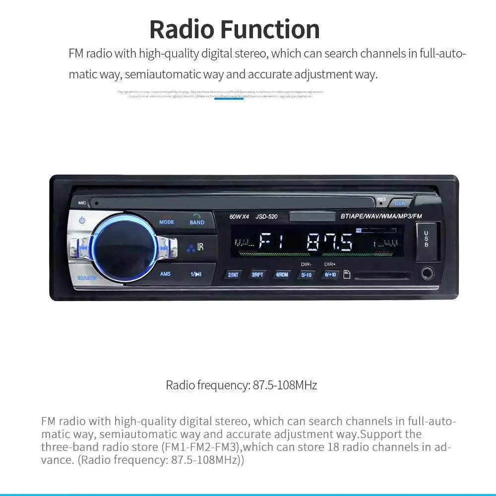 JSD520 Car Stereo Digital Bluetooth MP3 Player with 60W x 4 Power Output and FM Radio - Al-Raheem Imports