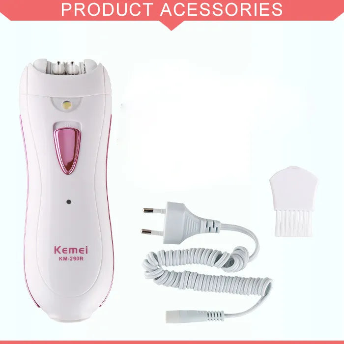Kemei KM-290R Rechargeable Electric Hair Removal Device for Women Facial Armpit Bikini Line Legs Arms Epilator Lightweight Portable ABS White