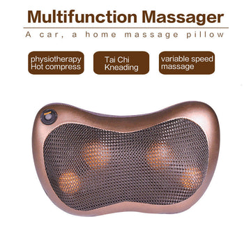 Multi-Function Electric Cervical Massage Pillow with Deep-Kneading Heated Nodes 4 Massage Heads Brown