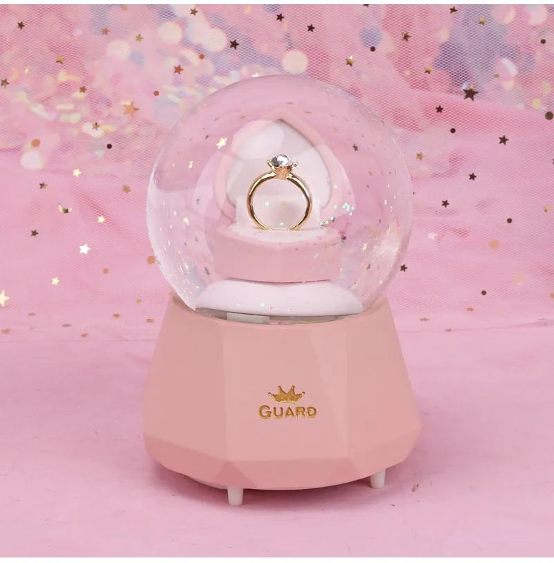 Diamond Ring Snow Globe Crystal Ball Rotating Music Box for Home Decor