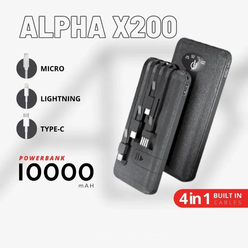 Alpha X-200 10000mAh Power Bank with Phone Holder, LED Display, and Dual Torch Lights