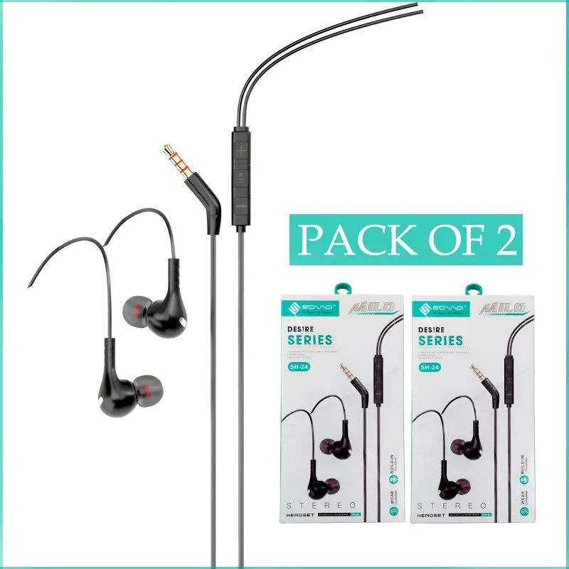 Pack of 2 SOVO SH24 MILO Stereo Handsfree with Microphone HiFi Sound Comfort Fit In Ear Wired Earphones