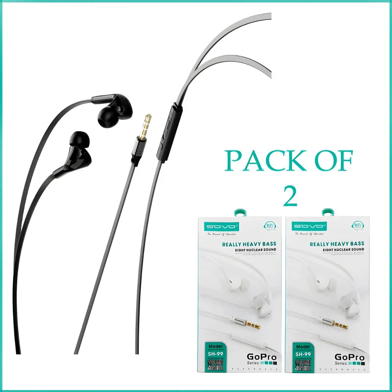 Pack of 2 SOVO SH99 GoPro Heavy Bass Wired Handsfree with Microphone Comfort Fit Stereo Earphones
