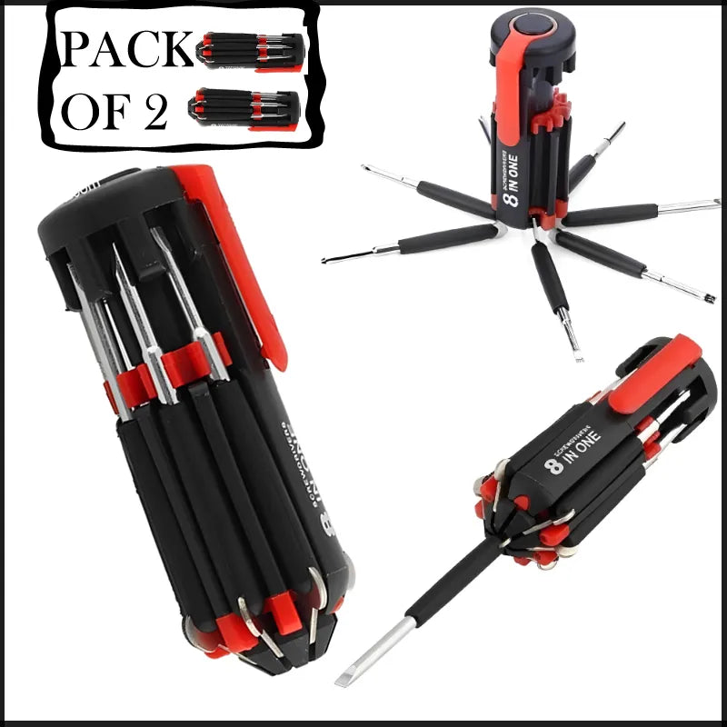 Pack Of 2 Compact 8 In 1 Multi Screwdriver Tool Set With 6 LED Torch and Magnetic Alloy Steel Heads