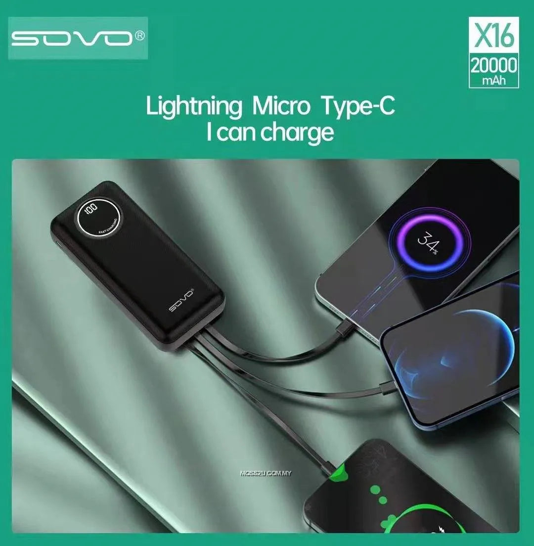 SOVO X16 20000mAh Power Bank with Built-In Cables and LED Display