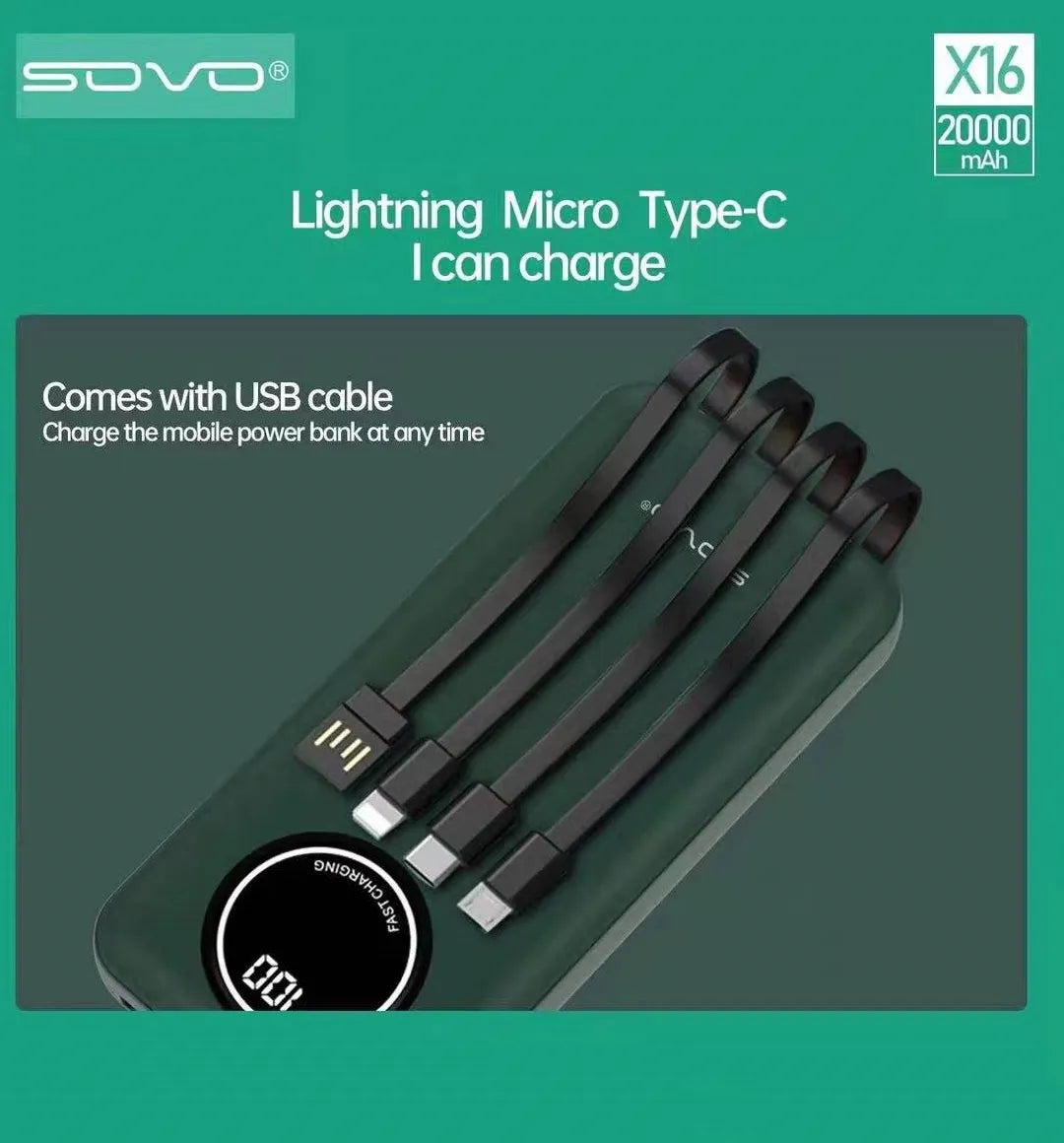 SOVO X16 20000mAh Power Bank with Built-In Cables and LED Display