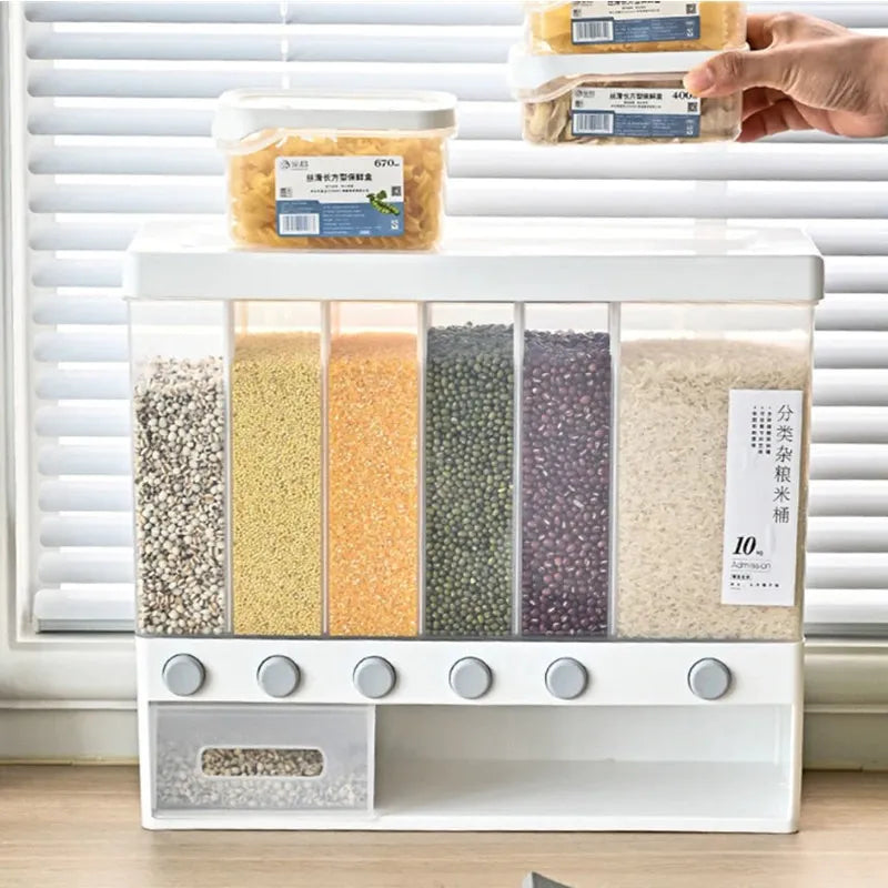 Wall Mounted 6 Cell Cereal Dispenser Moisture Proof Rice and Grain Storage Box