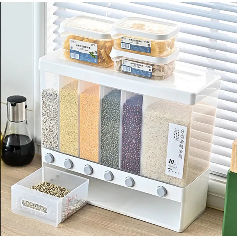Wall Mounted 6 Cell Cereal Dispenser Moisture Proof Rice and Grain Storage Box