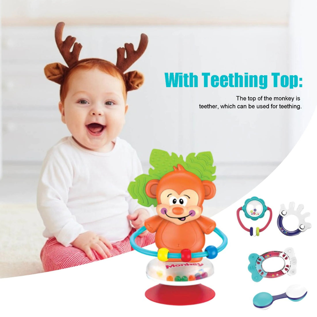 Baby Rattle Set 5Pcs with Suction Cup Teether and Animal Style Soothing Toys for Infants 1+ Years