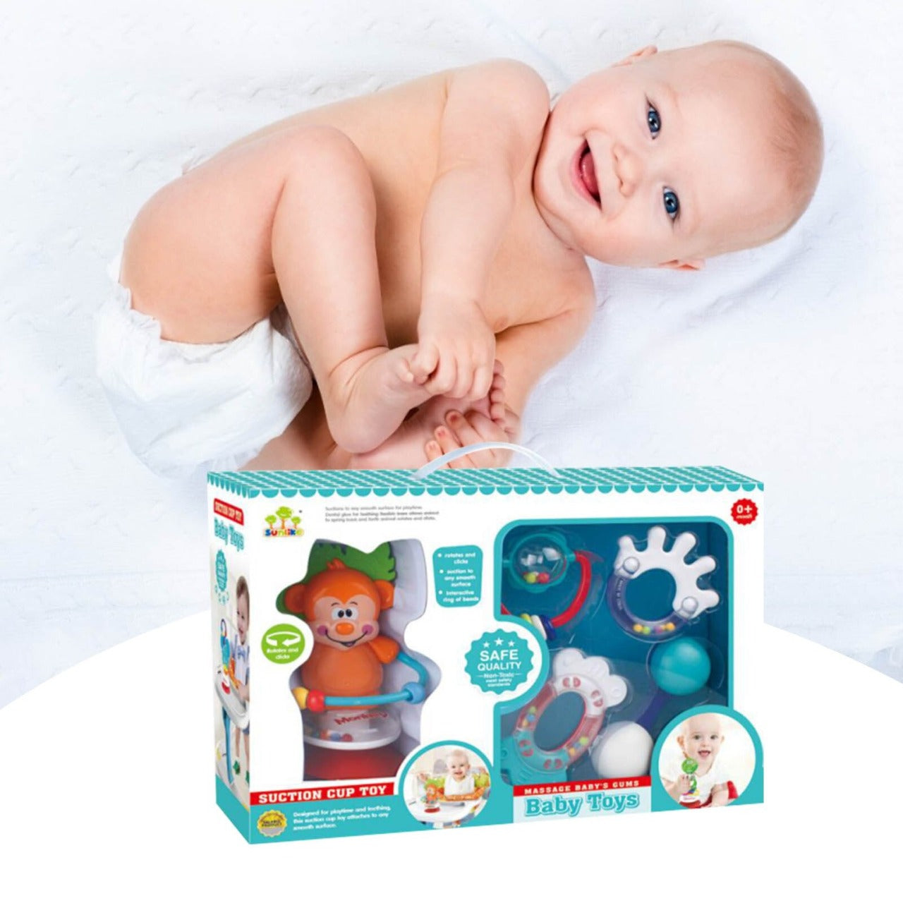 Baby Rattle Set 5Pcs with Suction Cup Teether and Animal Style Soothing Toys for Infants 1+ Years