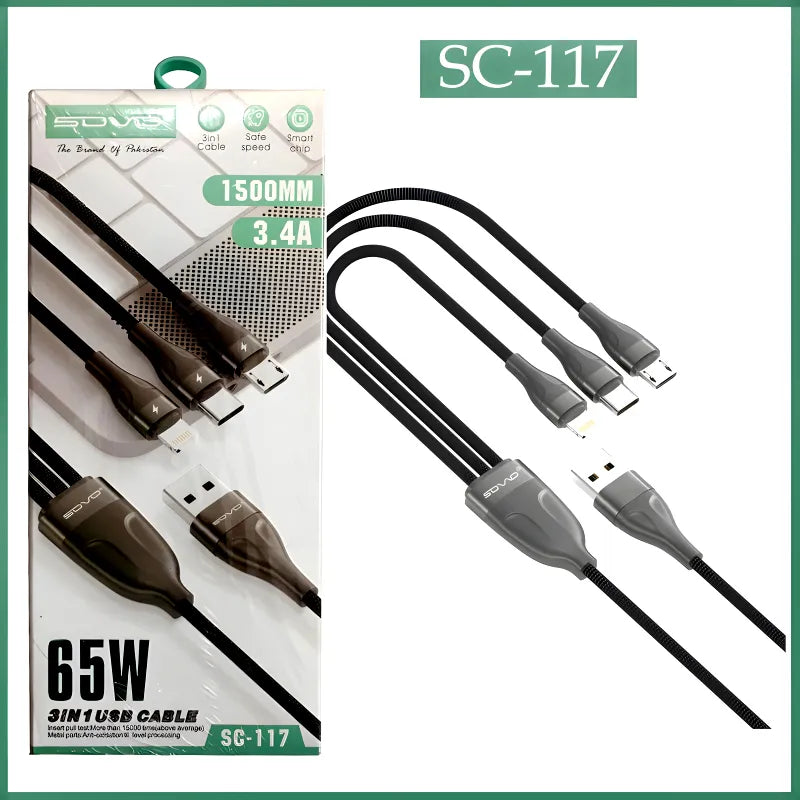 SOVO SC-117 65W 3-in-1 Fast Charging Cable 1.5m (Lightning + Type-C + Micro USB)
