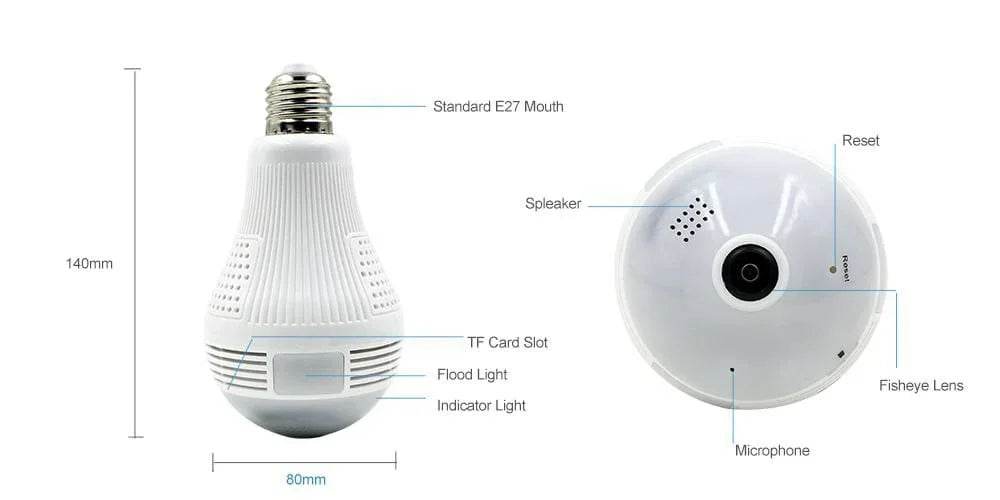 Panoramic Wifi Camera 960P Wireless Bulb IP Camera 360 Degree Night Vision Card Recording - Al-Raheem Imports