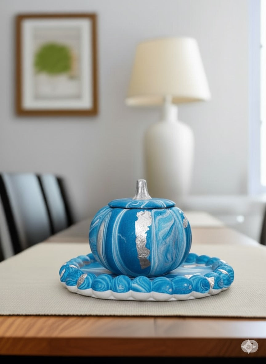 Handmade gypsum pumpkin jar with matching plate in  marble design. Perfect for home décor, festive centerpieces & storage