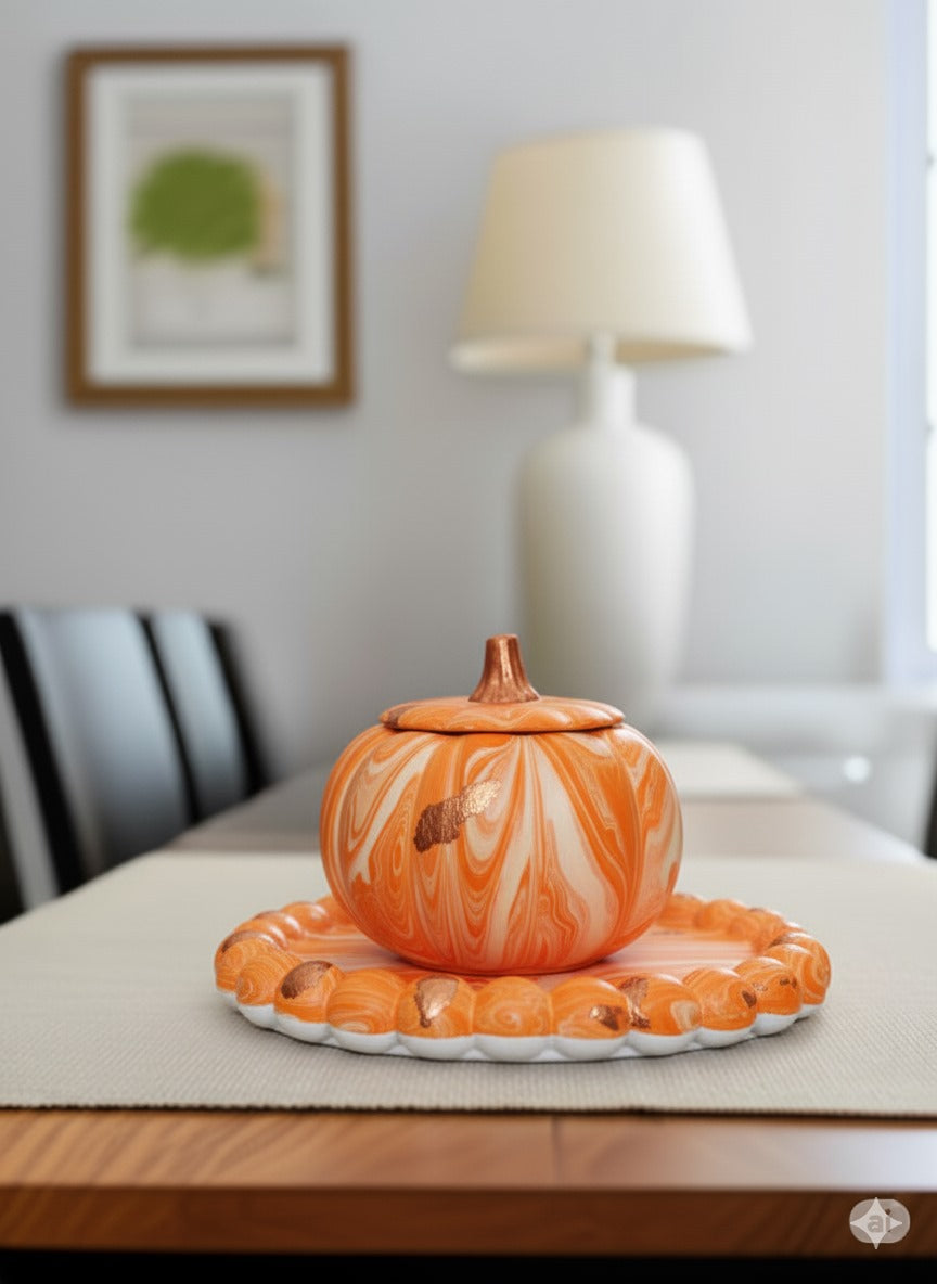 Handmade gypsum pumpkin jar with matching plate in  marble design. Perfect for home décor, festive centerpieces & storage