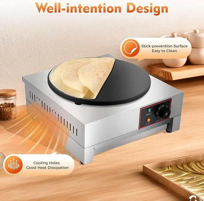 Stainless steel hot plate with cast iron cooking plate and 430 stainless steel body on a wooden surface.