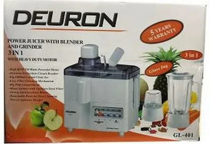 The Deuron GL 401 Juicer with Blender and Grinder is a practical and versatile three in one kitchen appliance designed for everyday food and beverage preparation. This electric citrus fruit juicer allows you to extract fresh juice, blend ingredients, and grind spices using a single compact machine, making it ideal for small and medium kitchens.

With a 1 litre capacity and a powerful 550 watt motor, the Deuron GL 401 delivers efficient performance for juicing fruits and vegetables, blending smoothies, and g