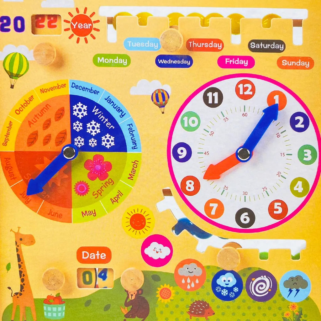 Wooden Calendar Clock and Abacus Educational Toy Rack for Kids