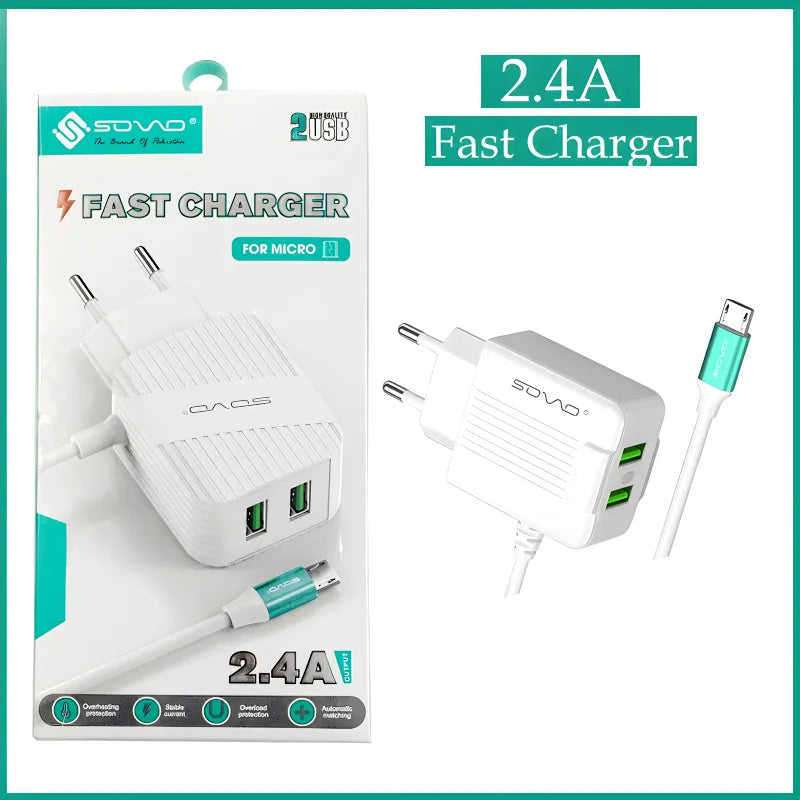 SOVO 2.4A Fast Charger with Built In Micro USB Cable Dual USB Port Smart IC Overheat Protection Wall Adapter