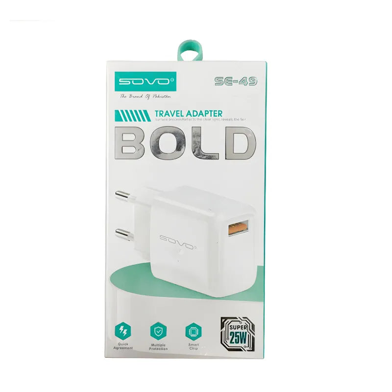 SOVO SE49 BOLD 25W Fast Charging Travel Adapter with Smart Chip Safety Protection Universal Wall Charger