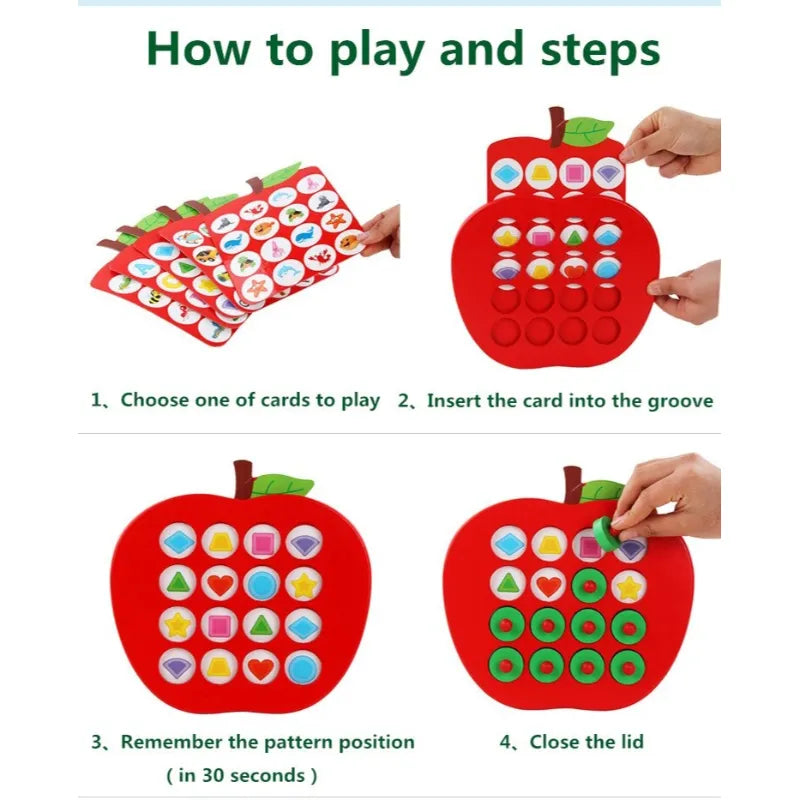 Wooden Apple Memory Chess Game Montessori Memory Match Toy with 5 Double-Sided Cards
