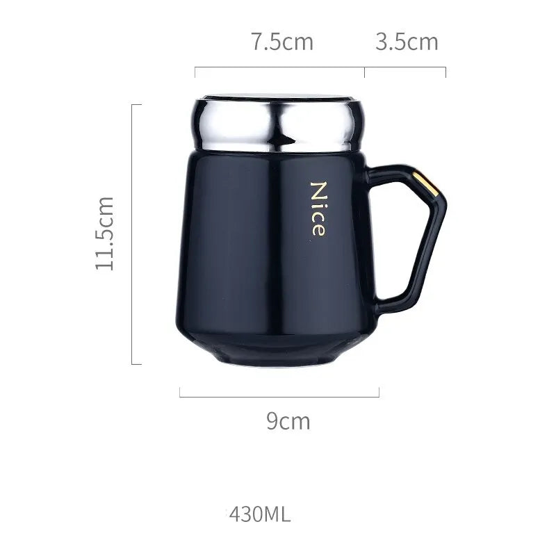 430ml Nordic Ceramic Coffee Mug with Handle and Mirror Lid Modern Travel Water Cup