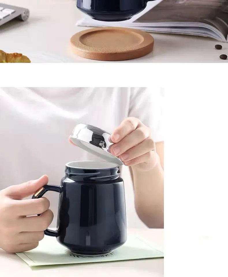 430ml Nordic Ceramic Coffee Mug with Handle and Mirror Lid Modern Travel Water Cup